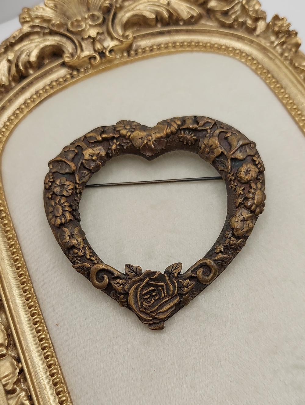 JJ JONETTE Antique-Style Open Heart Floral Brooch in Aged Brass Tone Vintage